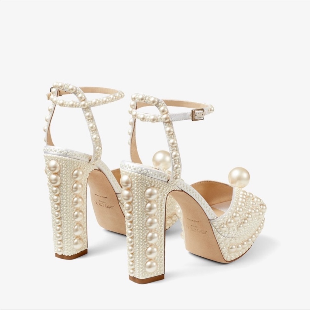 New Sacaria 120 White Satin Platform Sandals with All-Over Pearl Embellishment - Picture 5 of 16